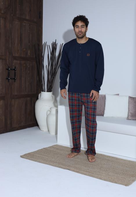 Pijama Barbati ,Maneca si Pantaloni Lungi,Culoare Bleumarin cu Rosu ,Engros